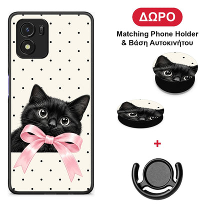 Black Kitten Pink Bow and Polka Dots - Vivo Y01 / Y15s θήκη + Δώρο Phone Holder & Βάση Αυτοκινήτου