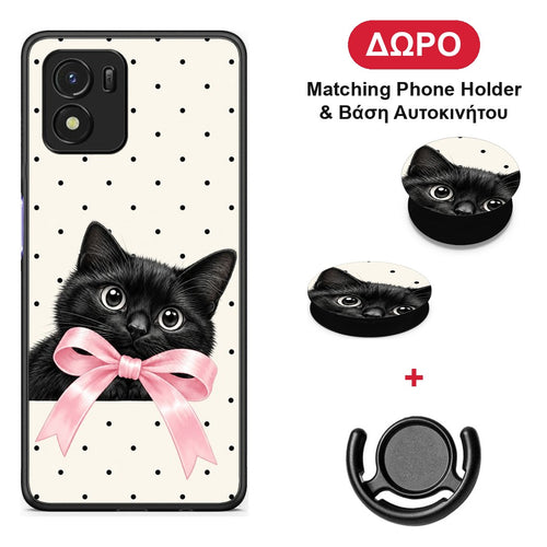 Black Kitten Pink Bow and Polka Dots - Vivo Y01 / Y15s θήκη + Δώρο Phone Holder & Βάση Αυτοκινήτου