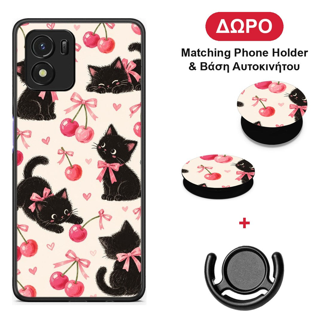 Black Kittens and Cherries on Cream - Vivo Y01 / Y15s θήκη + Δώρο Phone Holder & Βάση Αυτοκινήτου