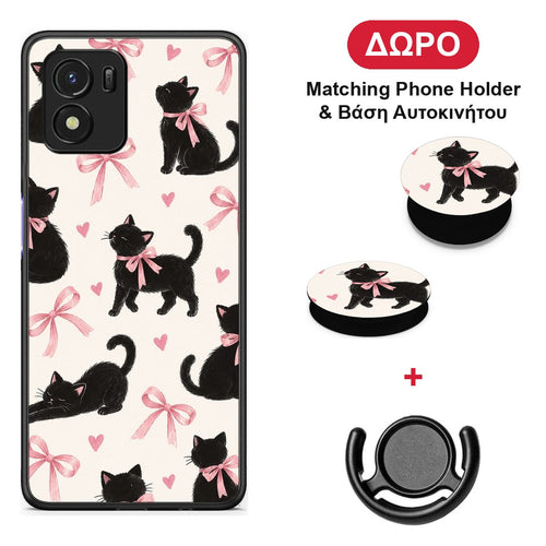 Black Kittens and Pink Bows on Cream Large - Vivo Y01 / Y15s θήκη + Δώρο Phone Holder & Βάση Αυτοκινήτου