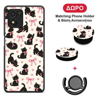 Black Kittens and Pink Bows on Cream Small - Vivo Y01 / Y15s θήκη + Δώρο Phone Holder & Βάση Αυτοκινήτου