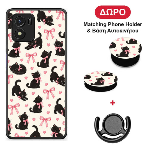 Black Kittens and Pink Bows on Cream Small - Vivo Y01 / Y15s θήκη + Δώρο Phone Holder & Βάση Αυτοκινήτου