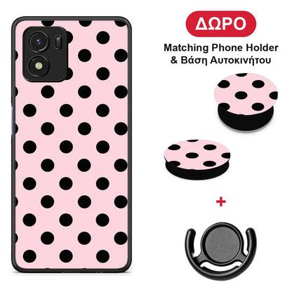 Black Polka Dots on Pink - Vivo Y01 / Y15s θήκη + Δώρο Phone Holder & Βάση Αυτοκινήτου