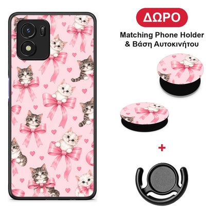 Kittens and Pink Bows on Pink - Vivo Y01 / Y15s θήκη + Δώρο Phone Holder & Βάση Αυτοκινήτου