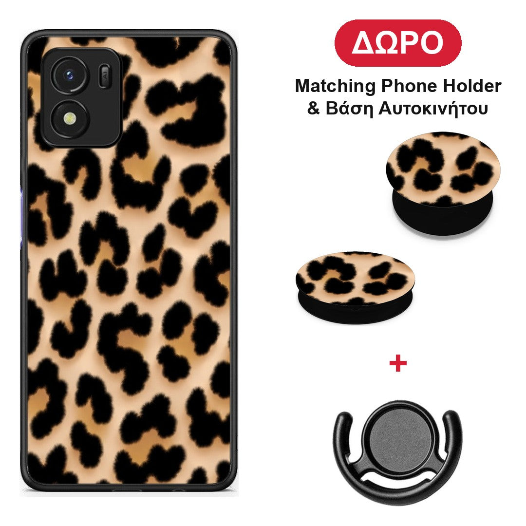 Leopard Print Tan Large - Vivo Y01 / Y15s θήκη + Δώρο Phone Holder & Βάση Αυτοκινήτου