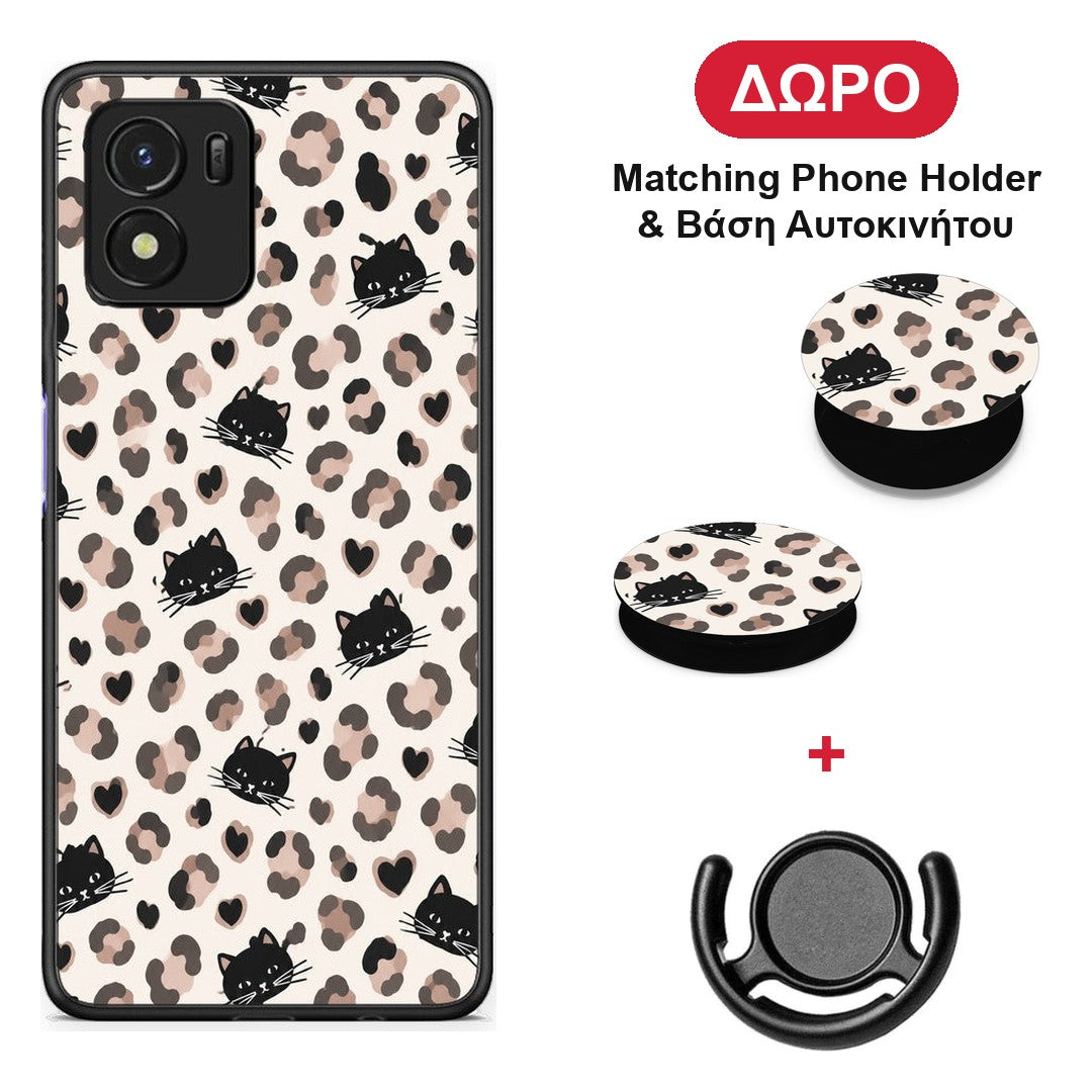 Leopard Spots and Black Cats on Cream - Vivo Y01 / Y15s θήκη + Δώρο Phone Holder & Βάση Αυτοκινήτου