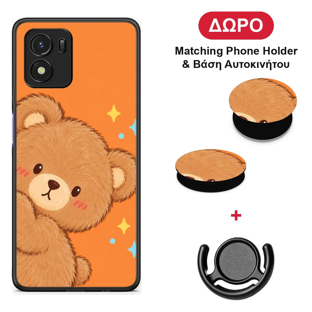 Peekaboo Teddy on Orange - Vivo Y01 / Y15s θήκη + Δώρο Phone Holder & Βάση Αυτοκινήτου