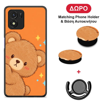 Peekaboo Teddy on Orange - Vivo Y01 / Y15s θήκη + Δώρο Phone Holder & Βάση Αυτοκινήτου