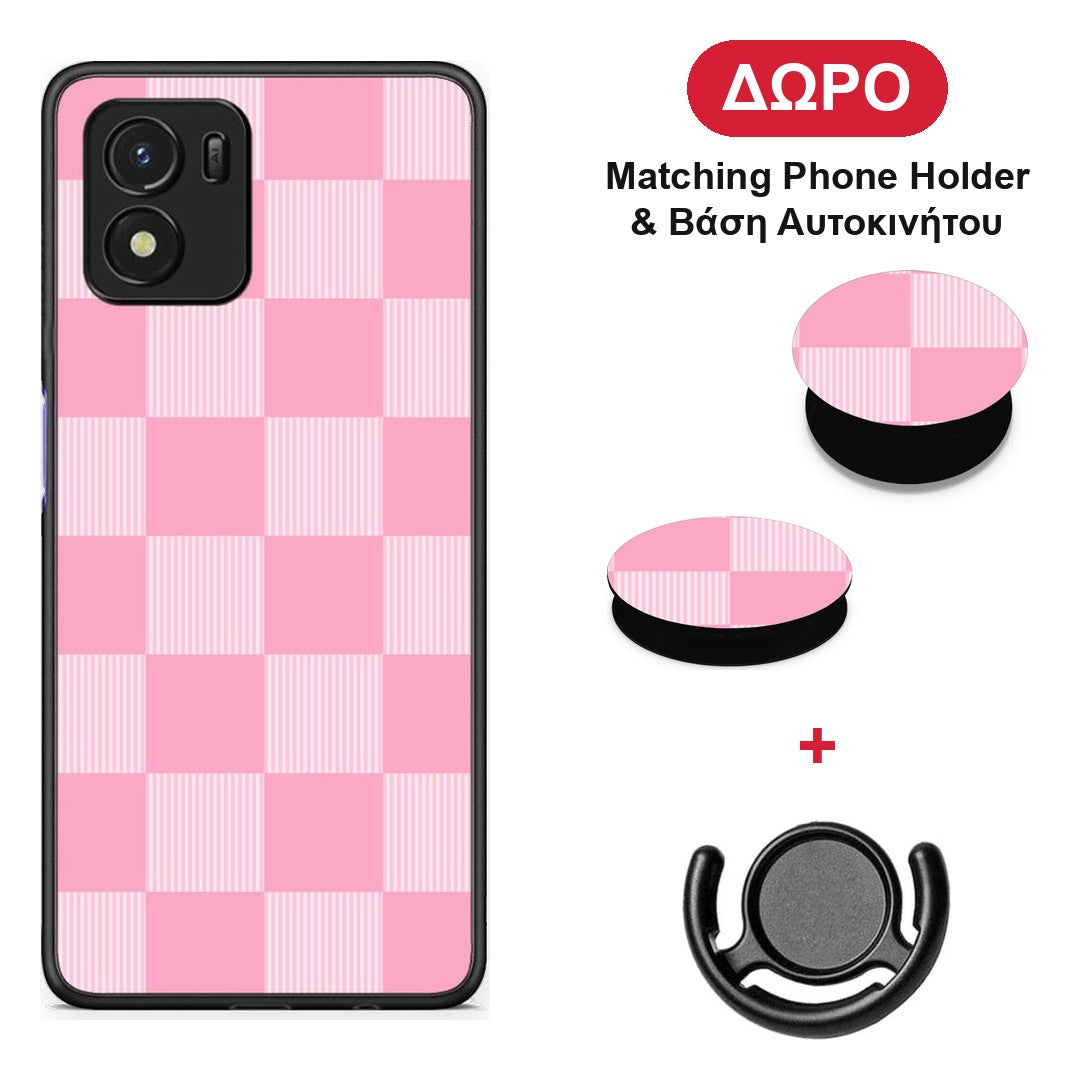 Pink and White Striped Checks - Vivo Y01 / Y15s θήκη + Δώρο Phone Holder & Βάση Αυτοκινήτου