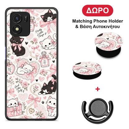 Pink Bows and Kittens Collage - Vivo Y01 / Y15s θήκη + Δώρο Phone Holder & Βάση Αυτοκινήτου