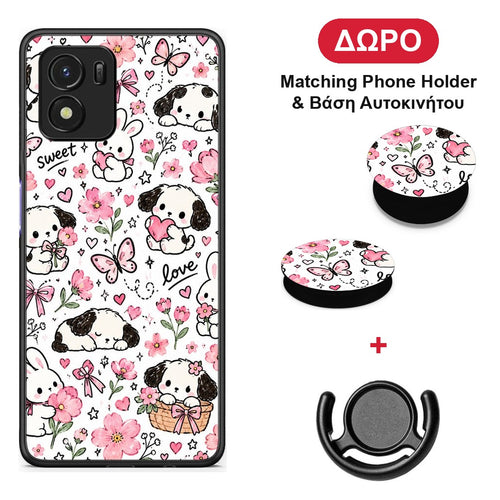 Pink Florals Puppies and Bunnies on White - Vivo Y01 / Y15s θήκη + Δώρο Phone Holder & Βάση Αυτοκινήτου