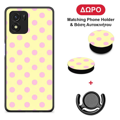 Pink Polka Dots on Yellow - Vivo Y01 / Y15s θήκη + Δώρο Phone Holder & Βάση Αυτοκινήτου