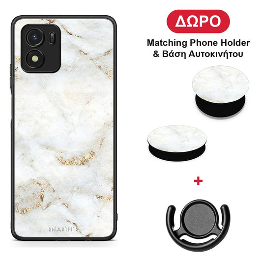 White Gold Marble - Vivo Y01 / Y15s θήκη + Δώρο Phone Holder & Βάση Αυτοκινήτου