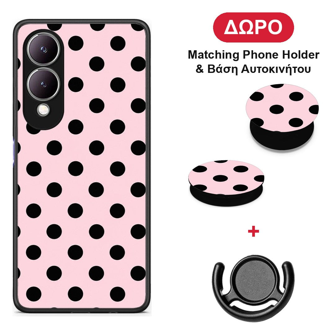 Black Polka Dots on Pink - Vivo Y17s θήκη + Δώρο Phone Holder & Βάση Αυτοκινήτου
