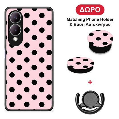 Black Polka Dots on Pink - Vivo Y17s θήκη + Δώρο Phone Holder & Βάση Αυτοκινήτου