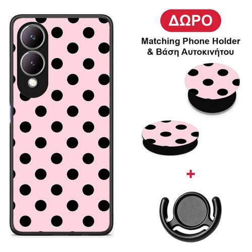 Black Polka Dots on Pink - Vivo Y17s θήκη + Δώρο Phone Holder & Βάση Αυτοκινήτου