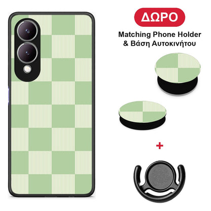 Sage and Cream Striped Checks - Vivo Y17s θήκη + Δώρο Phone Holder & Βάση Αυτοκινήτου