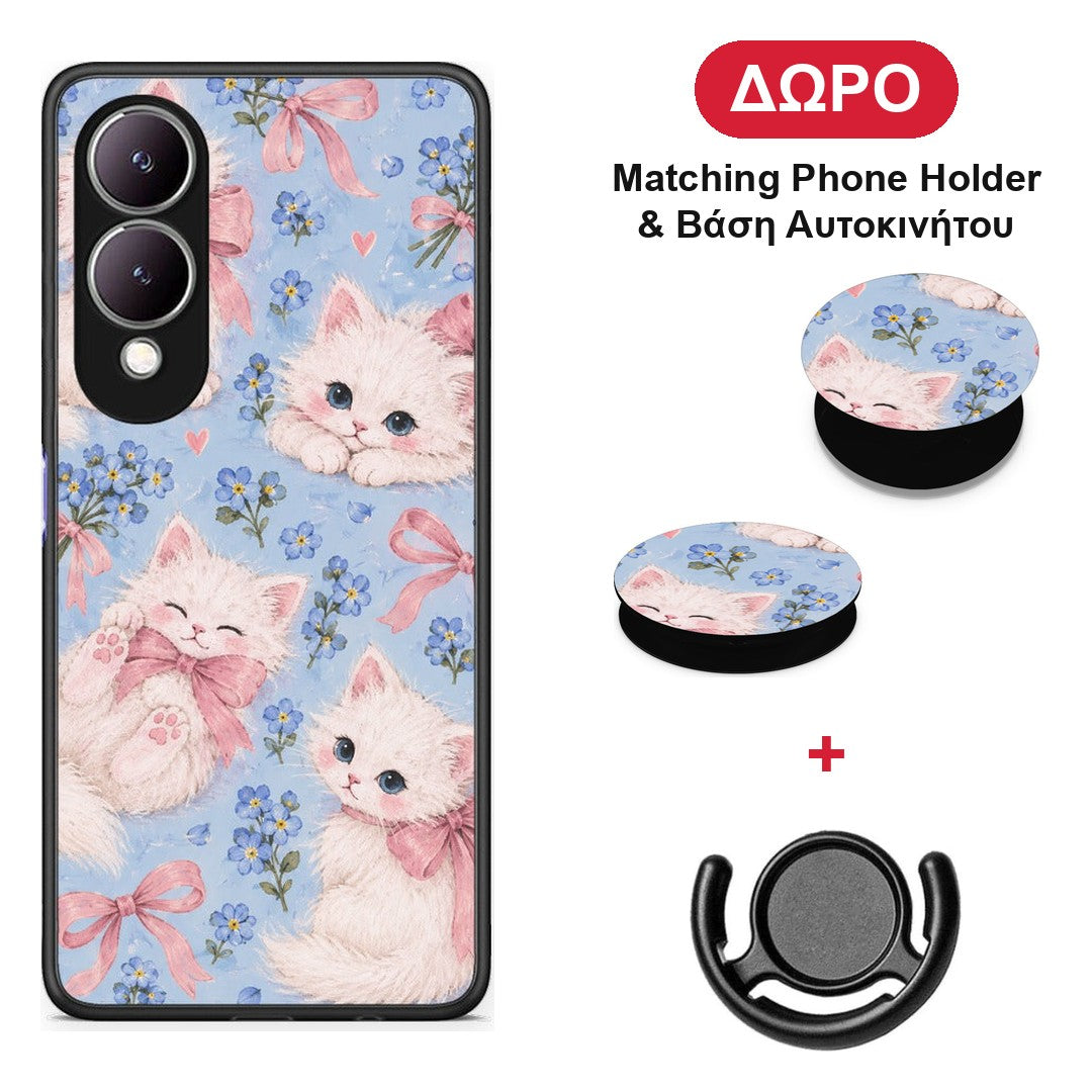 White Kittens and Blue Flowers Large - Vivo Y17s θήκη + Δώρο Phone Holder & Βάση Αυτοκινήτου