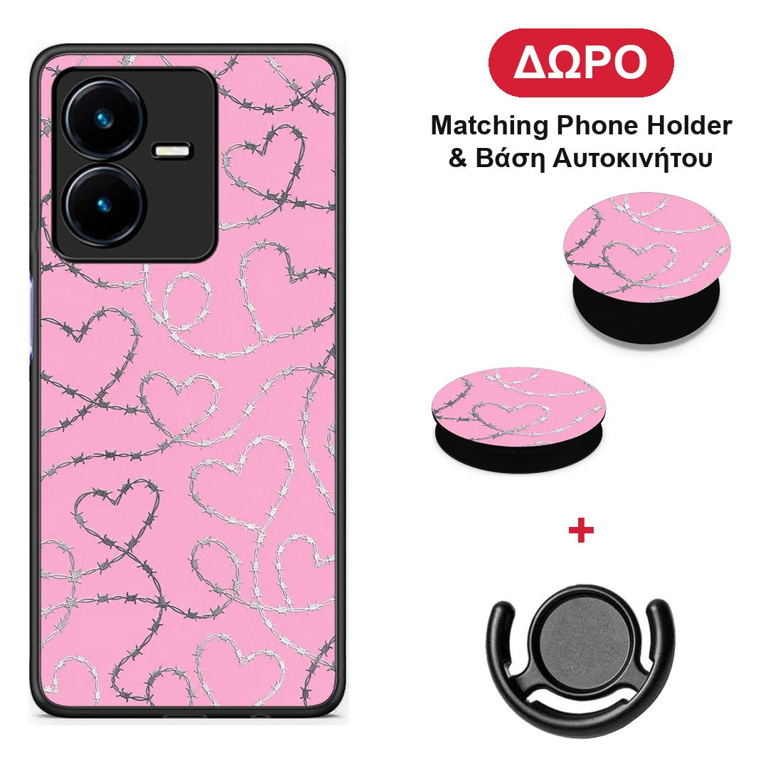 Barbed Wire Hearts on Pink - Vivo Y22 θήκη + Δώρο Phone Holder & Βάση Αυτοκινήτου
