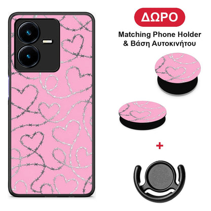 Barbed Wire Hearts on Pink - Vivo Y22 θήκη + Δώρο Phone Holder & Βάση Αυτοκινήτου