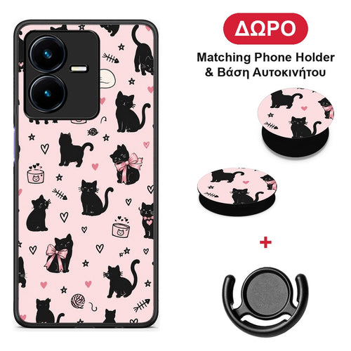 Black Cat Doodles on Pink - Vivo Y22 θήκη + Δώρο Phone Holder & Βάση Αυτοκινήτου
