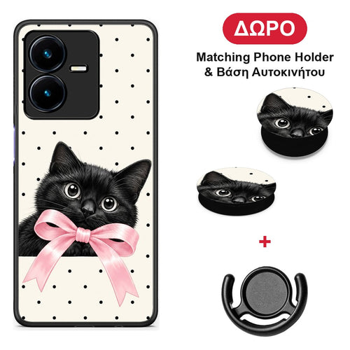 Black Kitten Pink Bow and Polka Dots - Vivo Y22 θήκη + Δώρο Phone Holder & Βάση Αυτοκινήτου