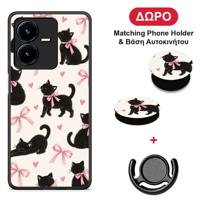 Black Kittens and Pink Bows on Cream Large - Vivo Y22 θήκη + Δώρο Phone Holder & Βάση Αυτοκινήτου
