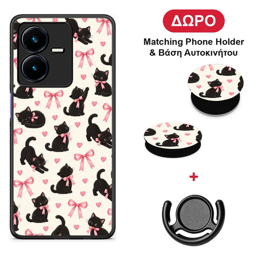 Black Kittens and Pink Bows on Cream Small - Vivo Y22 θήκη + Δώρο Phone Holder & Βάση Αυτοκινήτου