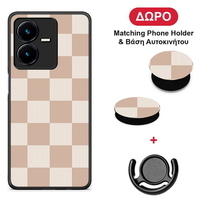 Latte and Cream Striped Checks - Vivo Y22 θήκη + Δώρο Phone Holder & Βάση Αυτοκινήτου