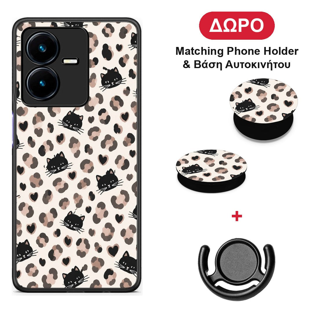 Leopard Spots and Black Cats on Cream - Vivo Y22 θήκη + Δώρο Phone Holder & Βάση Αυτοκινήτου