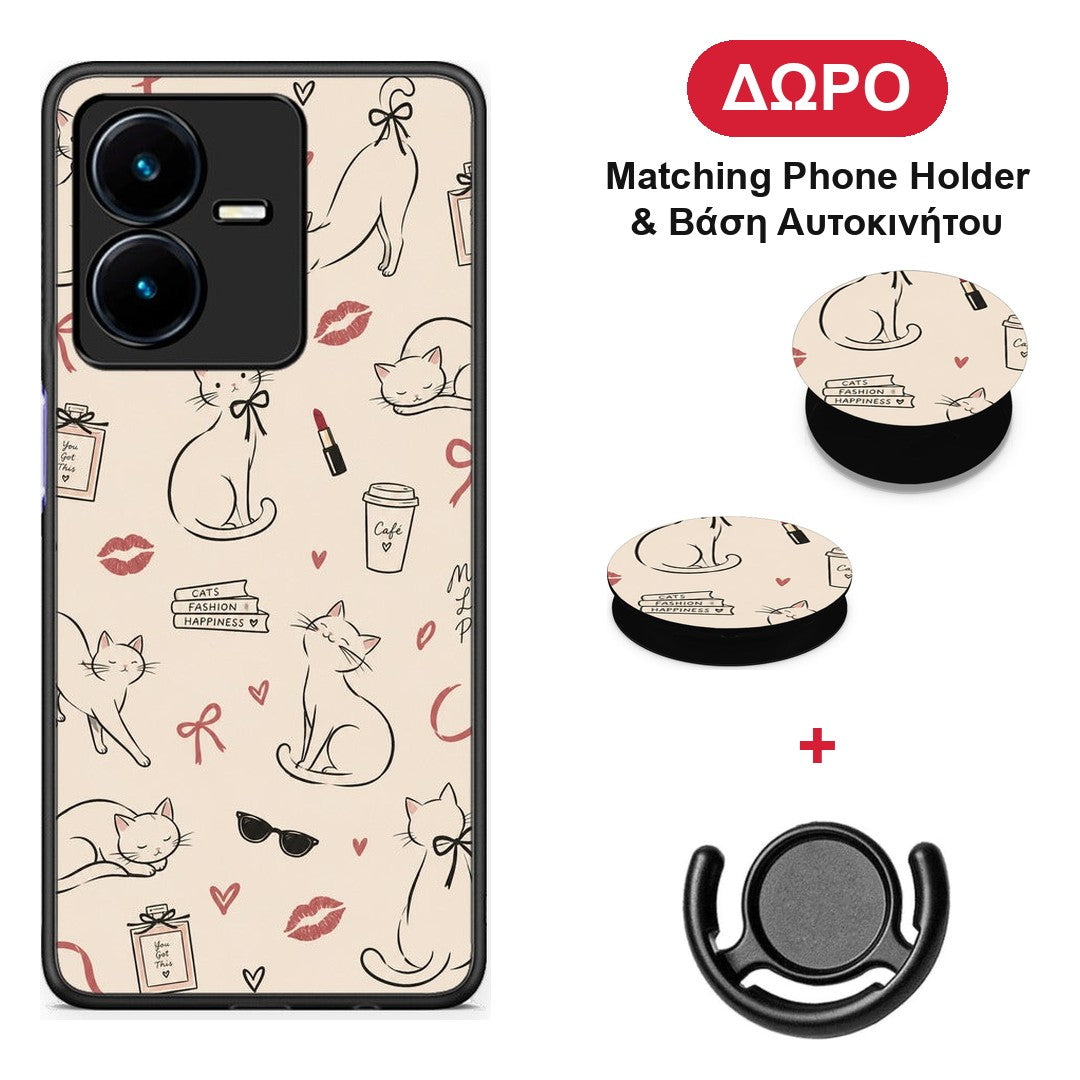 Minimal Cat and Fashion Doodles on Cream - Vivo Y22 θήκη + Δώρο Phone Holder & Βάση Αυτοκινήτου