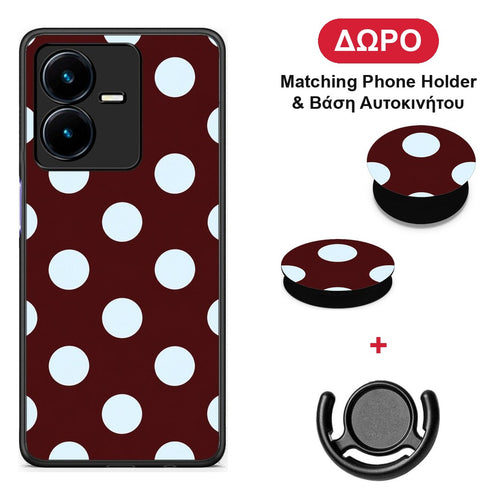 Pale Blue Large Polka Dots on Burgundy - Vivo Y22 θήκη + Δώρο Phone Holder & Βάση Αυτοκινήτου