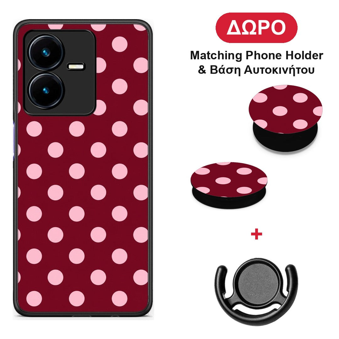 Pink Polka Dots on Burgundy - Vivo Y22 θήκη + Δώρο Phone Holder & Βάση Αυτοκινήτου