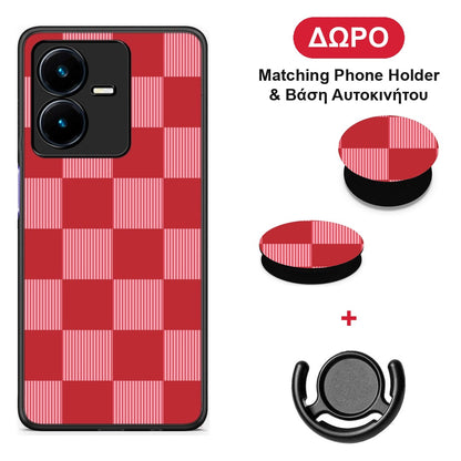 Red and Pink Striped Checks - Vivo Y22 θήκη + Δώρο Phone Holder & Βάση Αυτοκινήτου