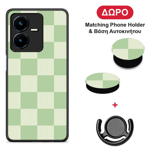 Sage and Cream Striped Checks - Vivo Y22 θήκη + Δώρο Phone Holder & Βάση Αυτοκινήτου