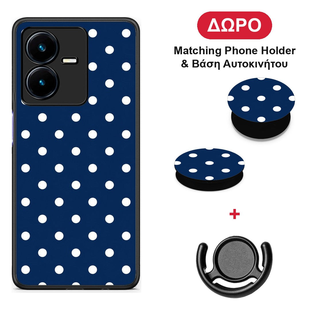 White Small Polka Dots on Navy - Vivo Y22 θήκη + Δώρο Phone Holder & Βάση Αυτοκινήτου
