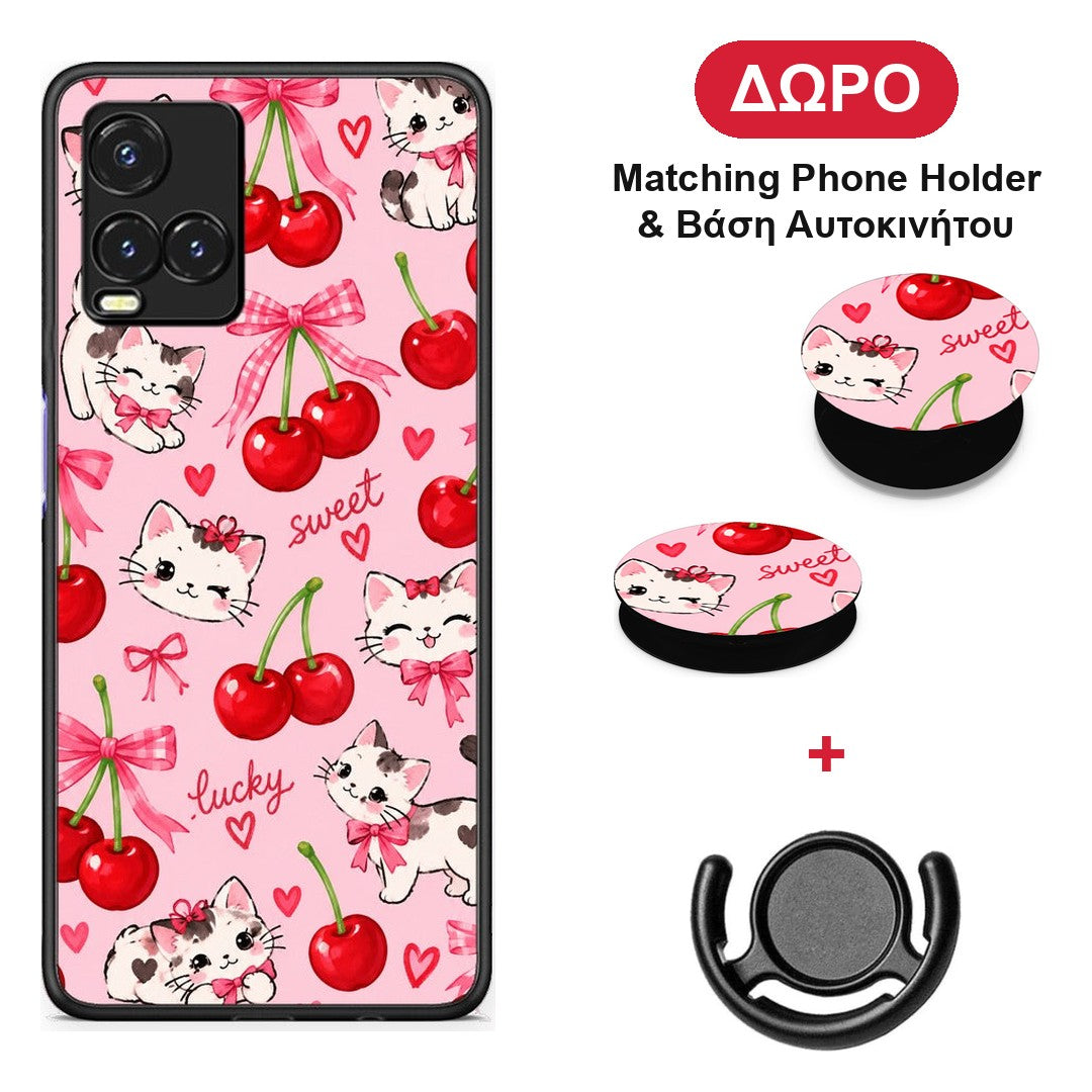 Cherries Bows and Kittens on Pink - Vivo Y33s / Y21s / Y21 θήκη + Δώρο Phone Holder & Βάση Αυτοκινήτου