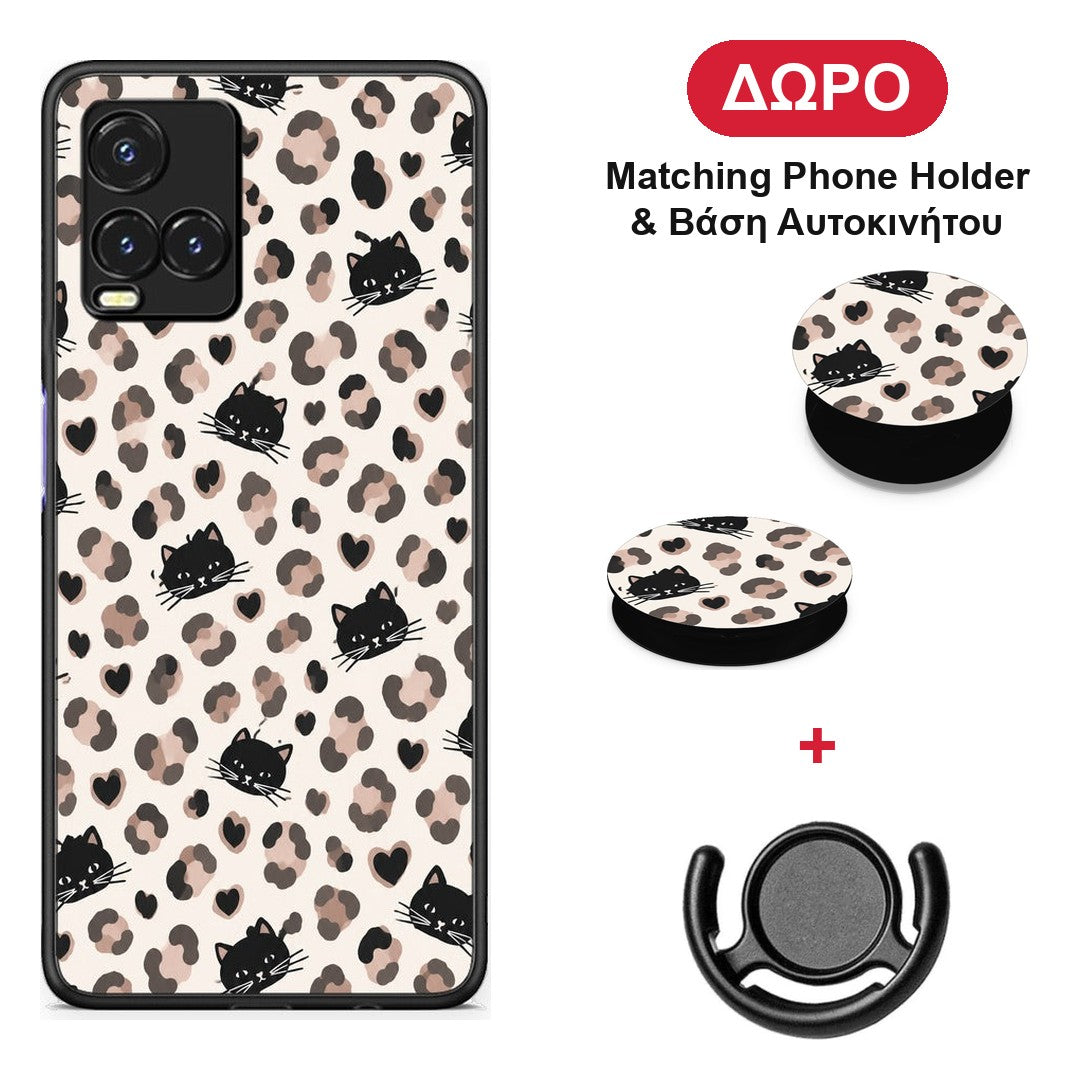 Leopard Spots and Black Cats on Cream - Vivo Y33s / Y21s / Y21 θήκη + Δώρο Phone Holder & Βάση Αυτοκινήτου
