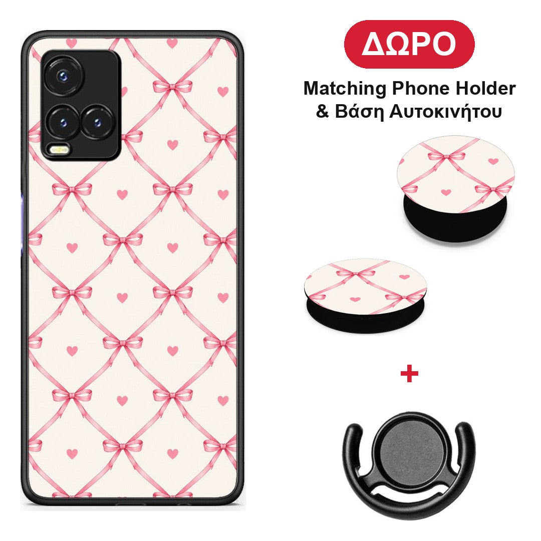 Pink Bow Lattice and Hearts on Cream - Vivo Y33s / Y21s / Y21 θήκη + Δώρο Phone Holder & Βάση Αυτοκινήτου
