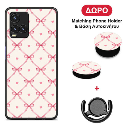 Pink Bow Lattice and Hearts on Cream - Vivo Y33s / Y21s / Y21 θήκη + Δώρο Phone Holder & Βάση Αυτοκινήτου