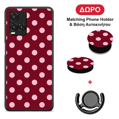 Pink Polka Dots on Burgundy - Vivo Y33s / Y21s / Y21 θήκη + Δώρο Phone Holder & Βάση Αυτοκινήτου