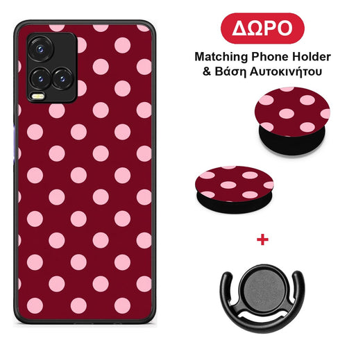 Pink Polka Dots on Burgundy - Vivo Y33s / Y21s / Y21 θήκη + Δώρο Phone Holder & Βάση Αυτοκινήτου