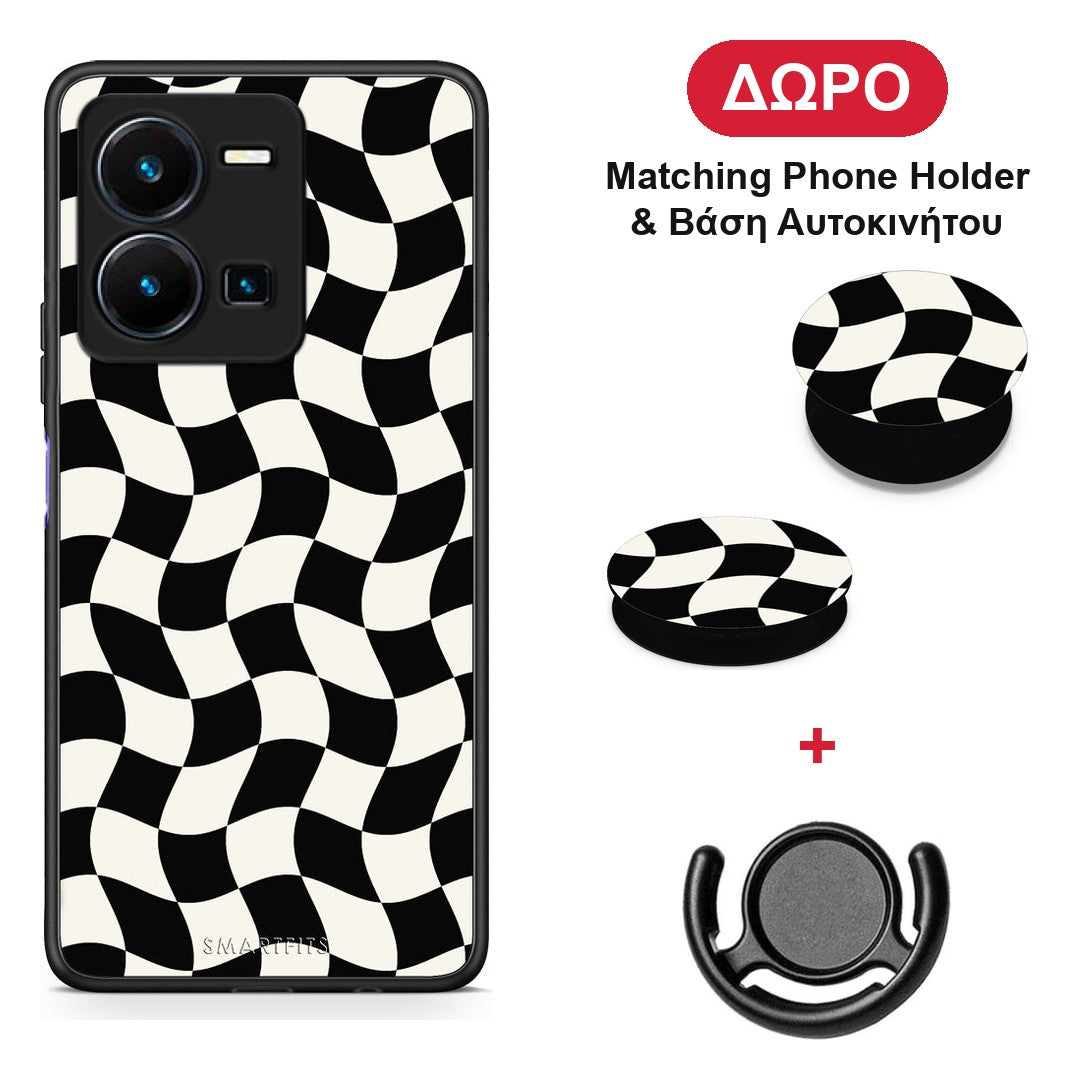 Black and Cream Wavy Checkerboard - Vivo Y35 5G θήκη + Δώρο Phone Holder & Βάση Αυτοκινήτου