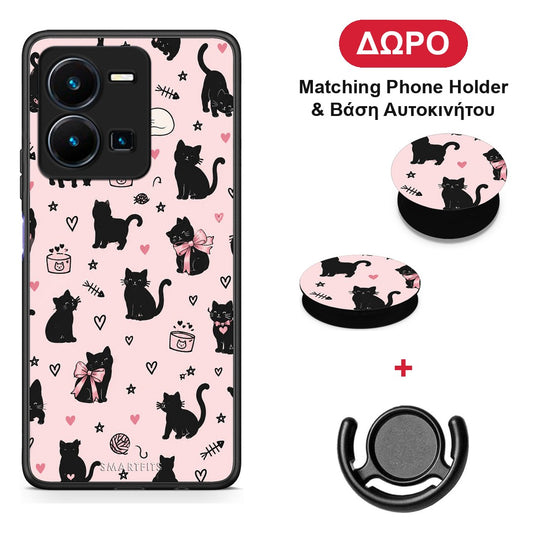 Black Cat Doodles on Pink - Vivo Y35 5G θήκη + Δώρο Phone Holder & Βάση Αυτοκινήτου