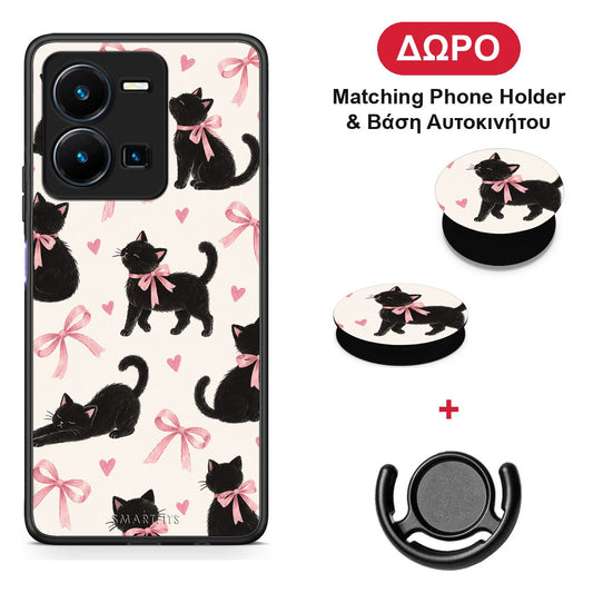 Black Kittens and Pink Bows on Cream Large - Vivo Y35 5G θήκη + Δώρο Phone Holder & Βάση Αυτοκινήτου