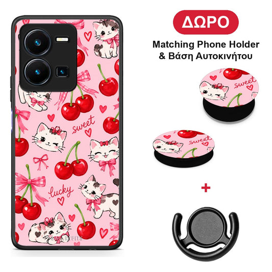 Cherries Bows and Kittens on Pink - Vivo Y35 5G θήκη + Δώρο Phone Holder & Βάση Αυτοκινήτου