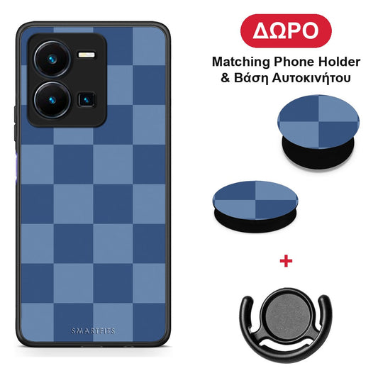 Denim Blue Checkerboard - Vivo Y35 5G θήκη + Δώρο Phone Holder & Βάση Αυτοκινήτου