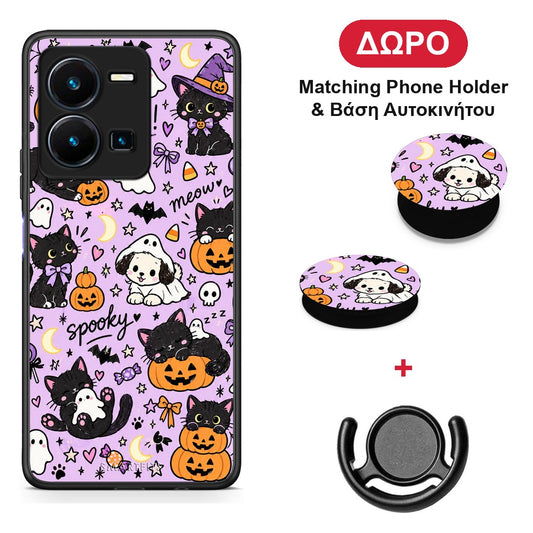 Halloween Black Cats on Lilac - Vivo Y35 5G θήκη + Δώρο Phone Holder & Βάση Αυτοκινήτου