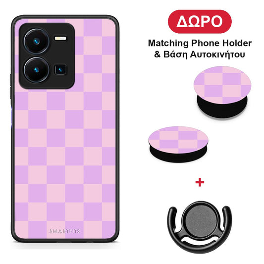 Lavender and Pink Checkerboard - Vivo Y35 5G θήκη + Δώρο Phone Holder & Βάση Αυτοκινήτου