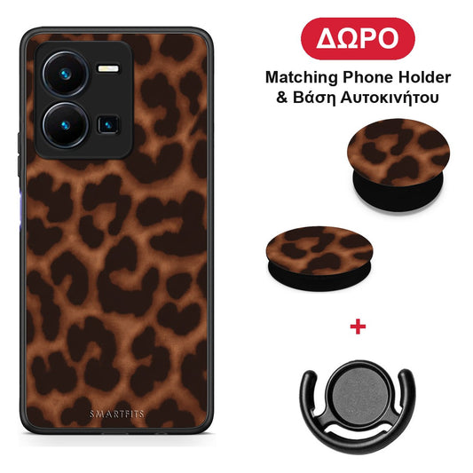 Leopard Print Dark Brown - Vivo Y35 5G θήκη + Δώρο Phone Holder & Βάση Αυτοκινήτου